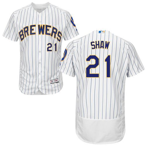 Brewers #21 Travis Shaw White Strip Flexbase Authentic Collection Stitched MLB Jersey